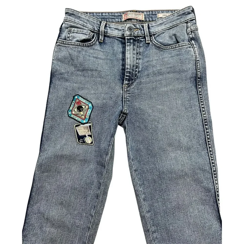 GUESS JEANS Women’s 1981 Skinny‎ Light Wash Jeans - Raw Hem Custom Patches - 26 - Picture 2 of 7